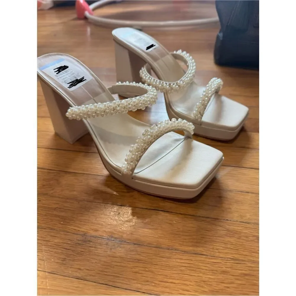 Dolce Vita Ariele Imitation Pearl Embellished Cream Platform Heel Sandals 11